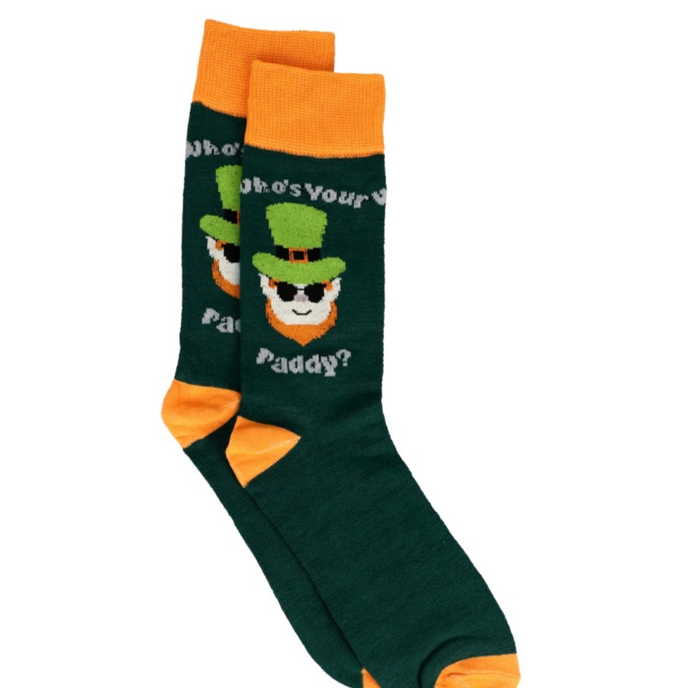 Leprechaun Who’s Your Daddy Green and Orange Novelty Socks NEW